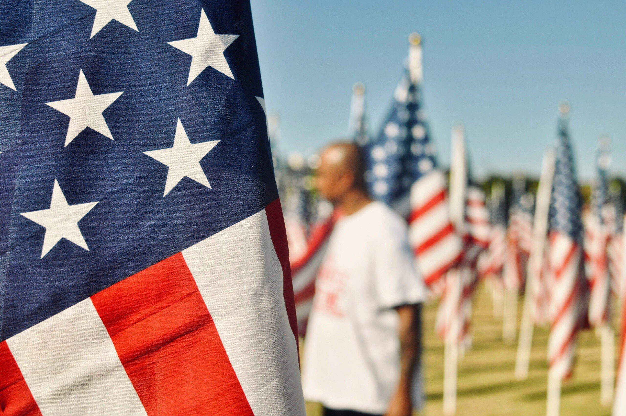 American flags in field with a person in background.