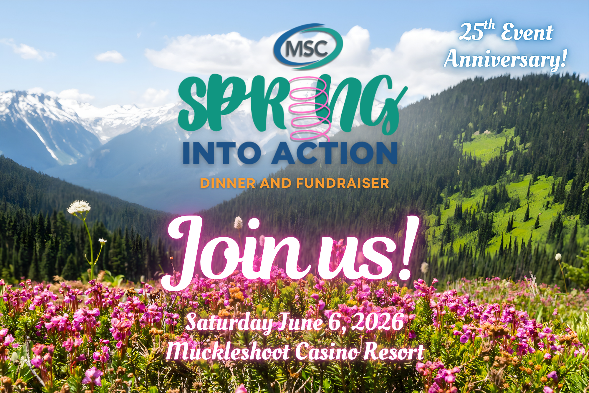 Spring fundraiser announcement with scenic mountain and flowers.