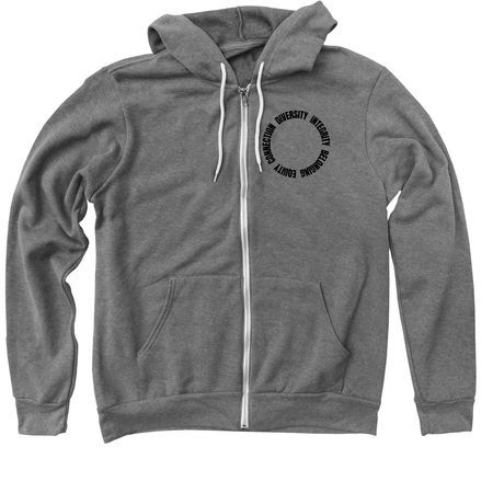 Gray zip-up hoodie featuring the word 