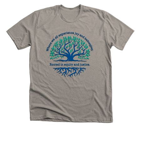 T-shirt with tree graphic promoting equity and justice.