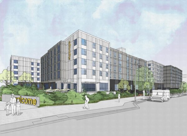Architectural sketch of a modern hotel with landscaping.